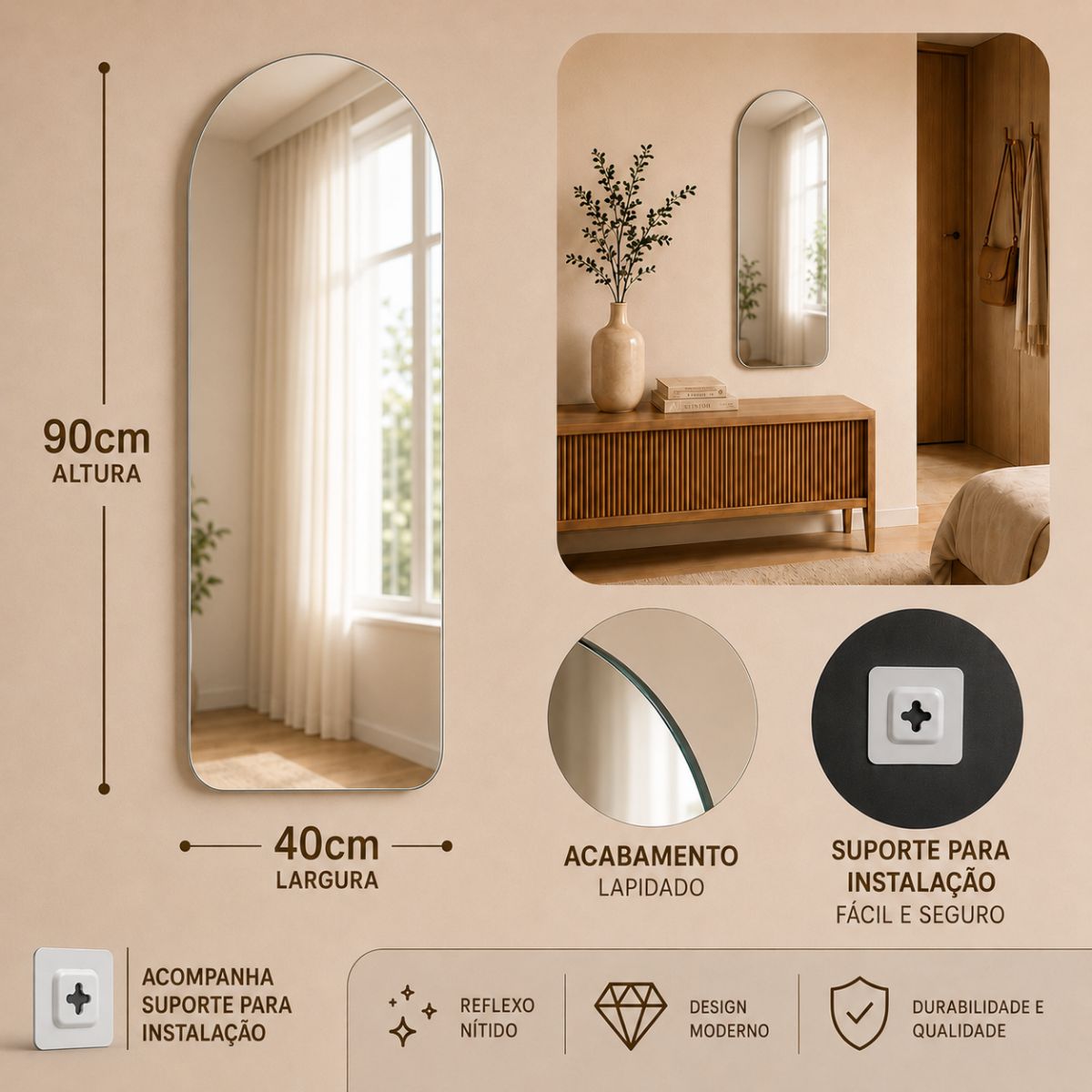 Espelho Decorativo Arcos 90x40 cm Lapidado Lopazzi Sem Moldura