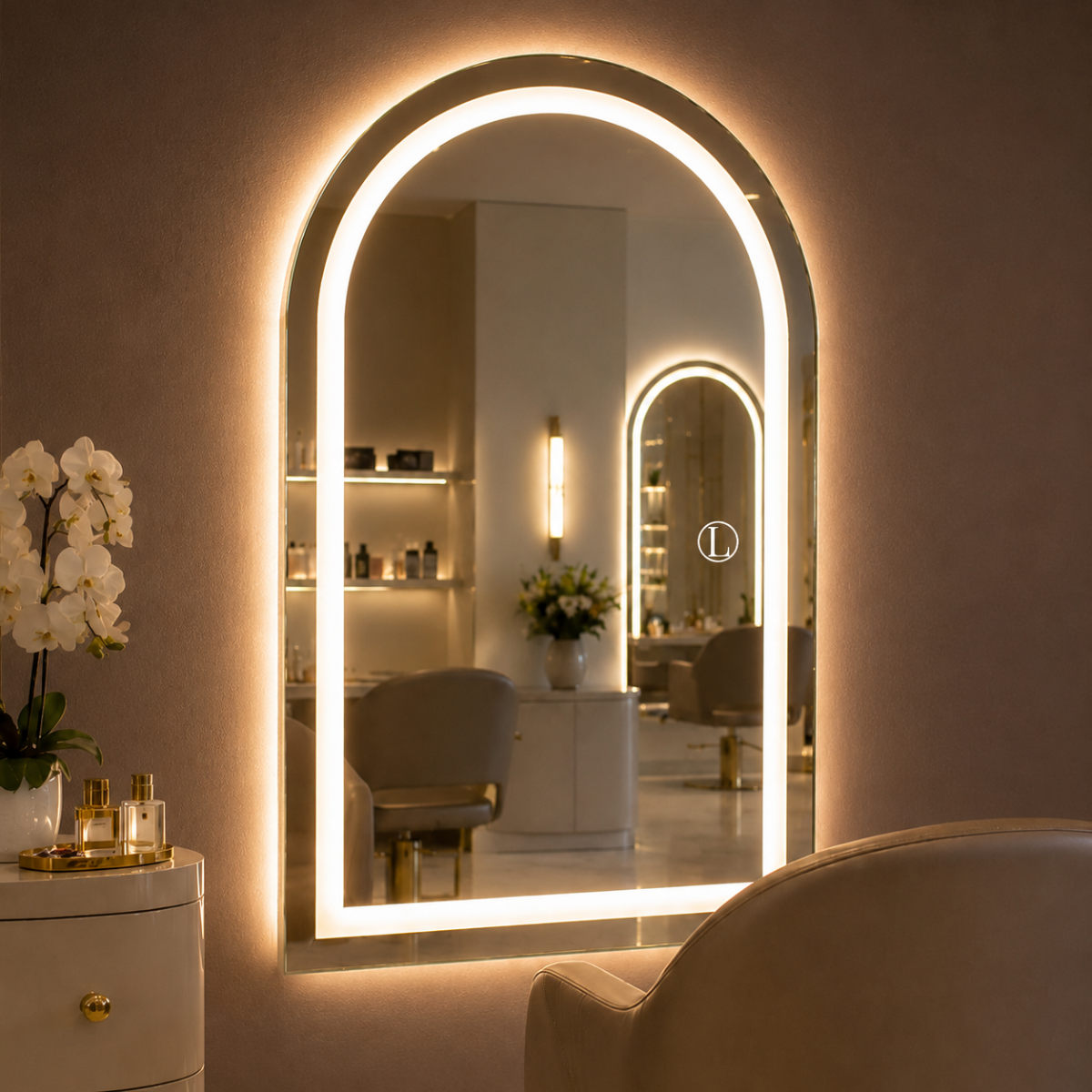 Espelho Arcos Base Reta 90x60cm com 3 Tonalidades de Led Jateado(Quente, Neutro e Frio)