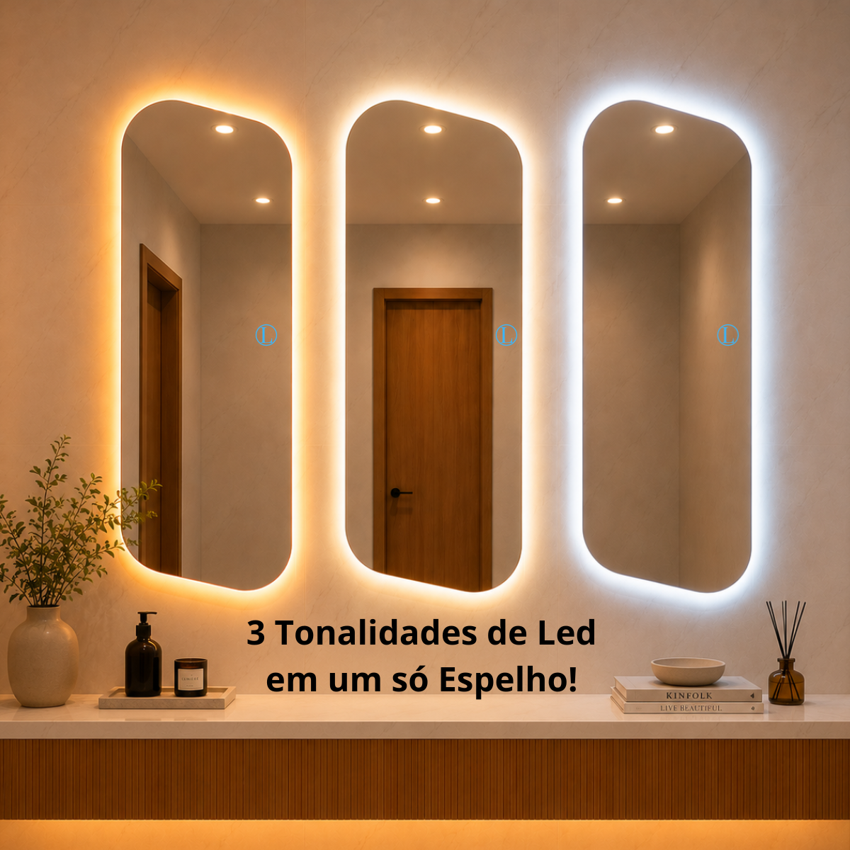 Espelho Vitta Polido 90x40cm com 3 Tonalidades de Led (Quente, Neutro e Frio)