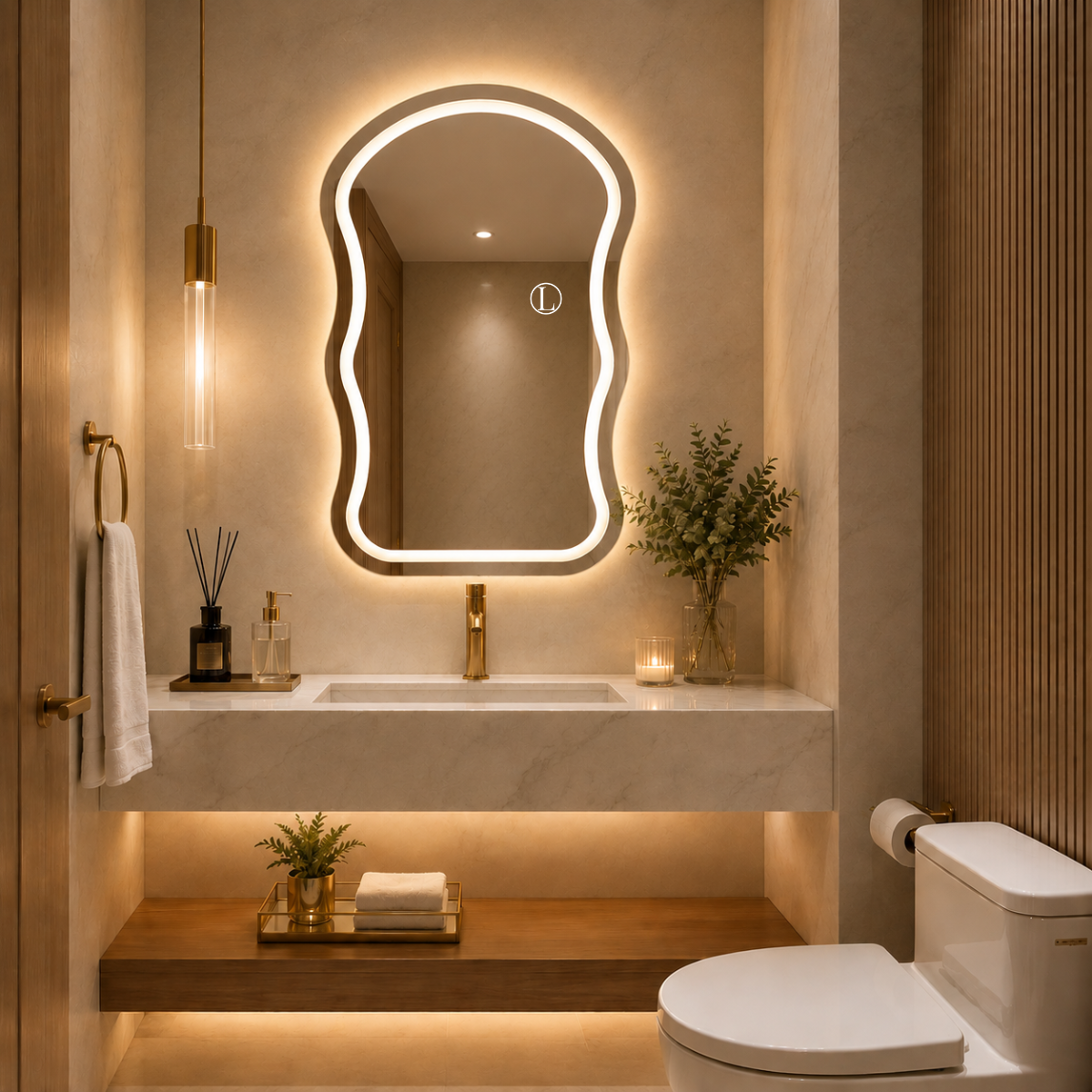 Espelho Orgânico Aura 90x60 com 3 Tonalidades de Led Jateado (Quente, Neutro e Frio)