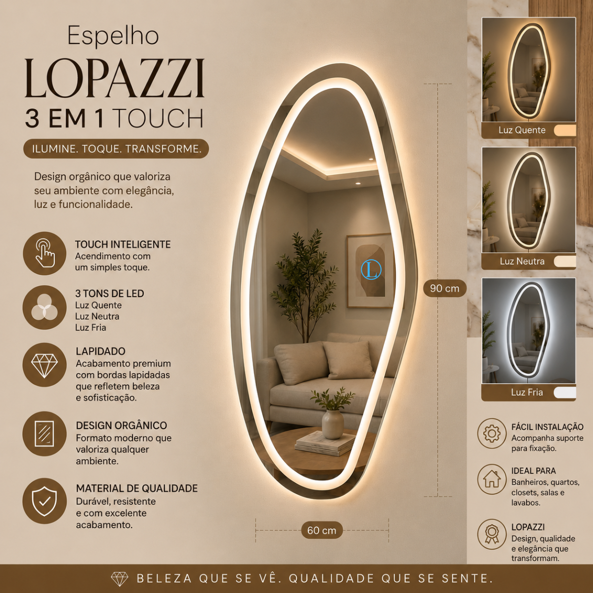 Espelho Orgânico Brisa 90x60 Com 3 Tons de Led Jateado (Quente, Frio e Neutro)