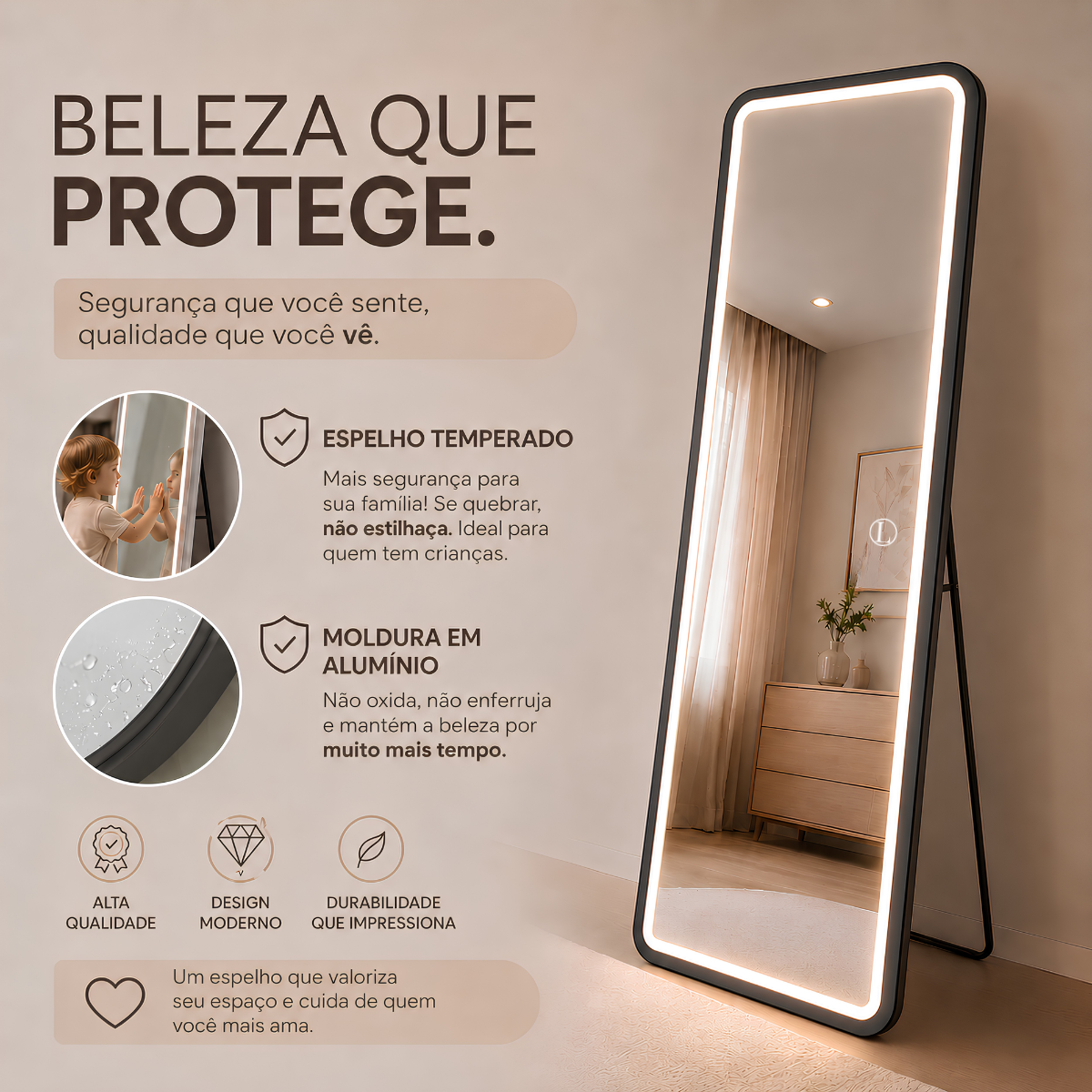 Espelho Temperado Lopazzi Retangular 170X70cm com Suporte de Chão + LED 3 Intensidades Jateado Quarto Sala Hall Provador