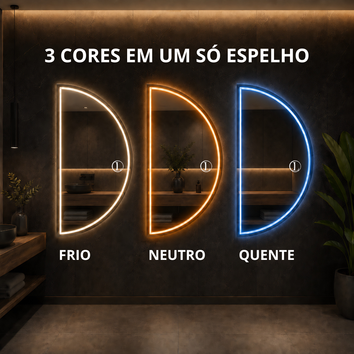 Espelho Meia Lua Polido Com Led Jateado 170x70 3 Tonalidades de Led (Quente, Neutro e Frio)