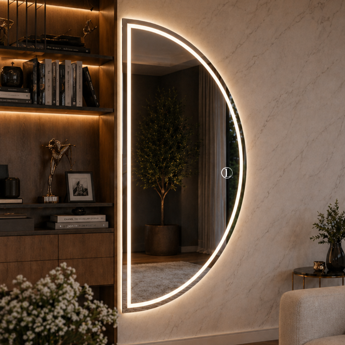 Espelho Meia Lua Polido Com Led Jateado 170x70 3 Tonalidades de Led (Quente, Neutro e Frio)