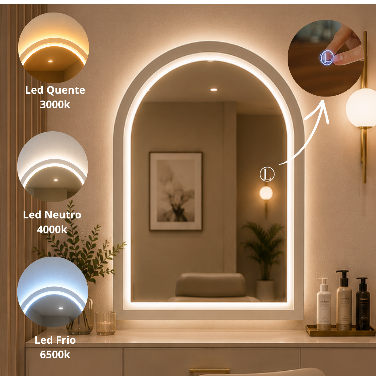 Espelho Arcos Base Reta 90x60cm com 3 Tonalidades de Led Jateado(Quente, Neutro e Frio)