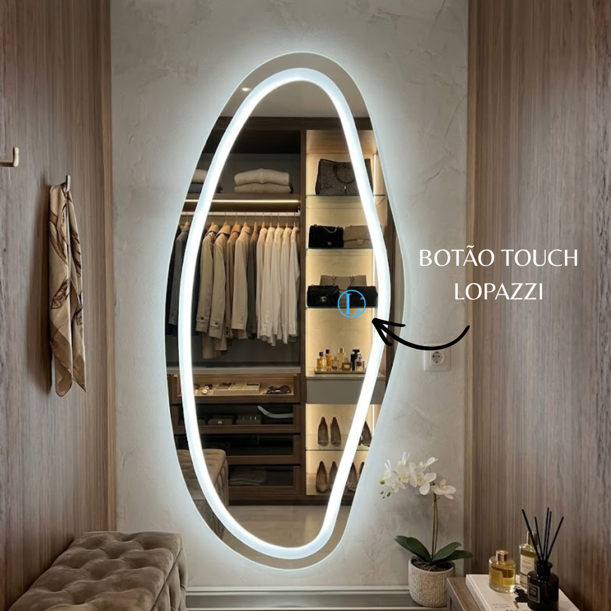Espelho Orgânico Brisa 90x60 Com 3 Tons de Led Jateado (Quente, Frio e Neutro)
