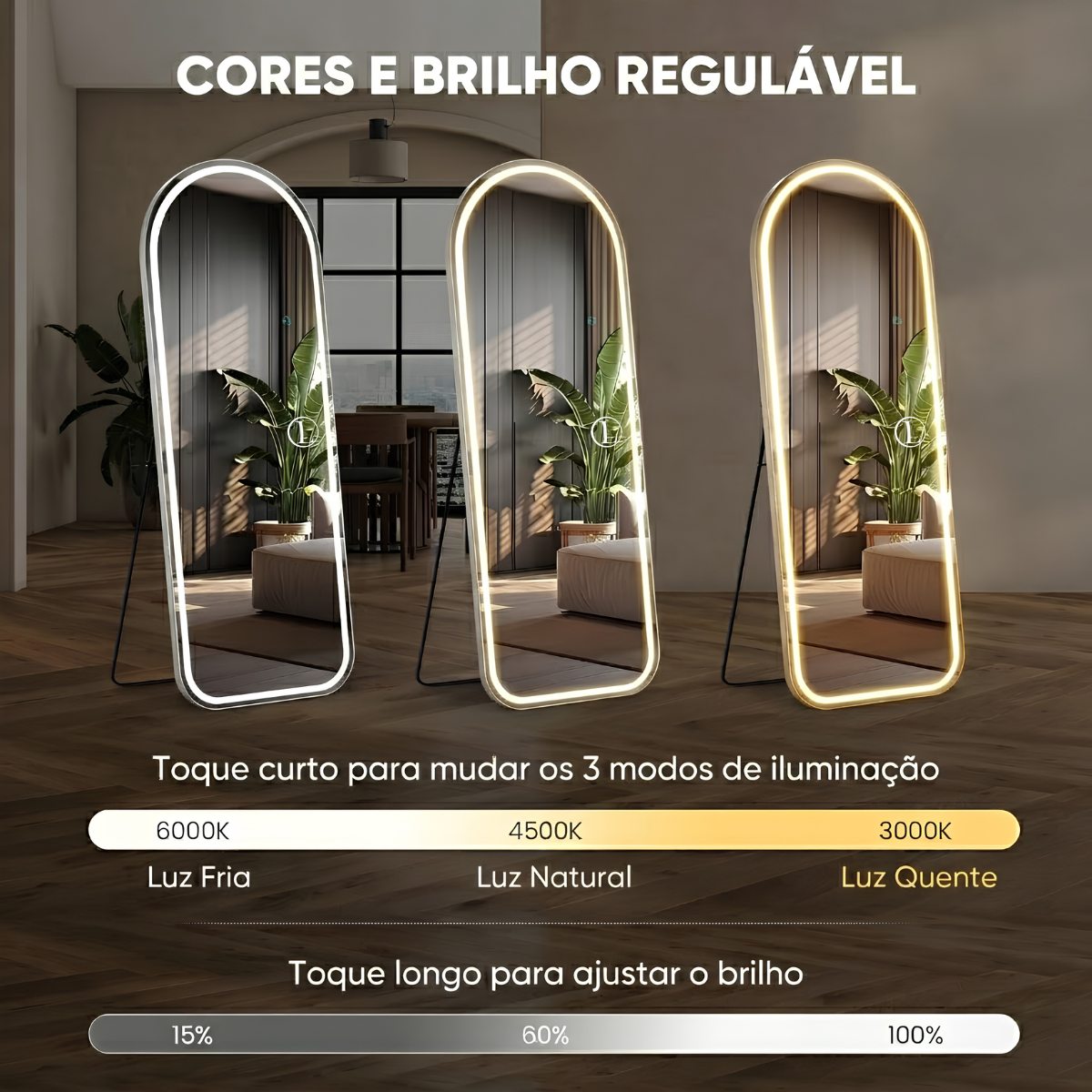 Espelho Temperado Lopazzi Arcos Base Reta 170X70cm com Suporte de Chão + LED 3 Intensidades Jateado Quarto Sala Hall Provador