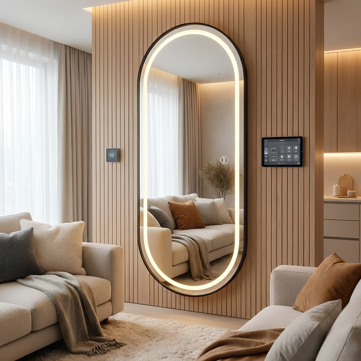 Espelho Temperado Lopazzi Oval 170X70cm para parede + LED 3 Intensidades Jateado Quarto Sala Hall Provador
