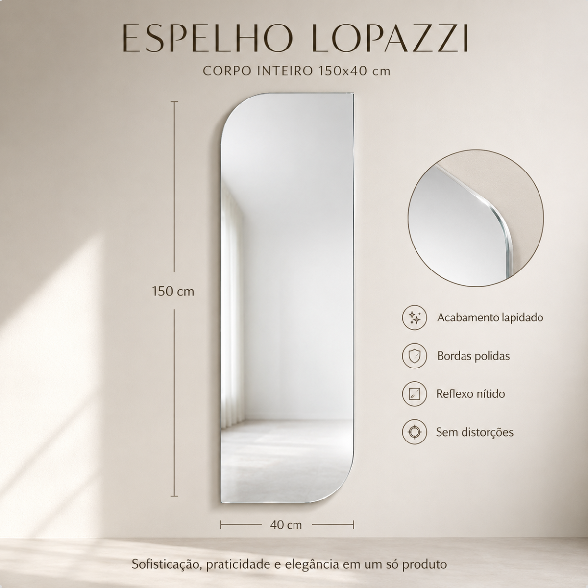 Espelho Decorativo Vitta 150x40 cm Lapidado Lopazzi Sem Moldura