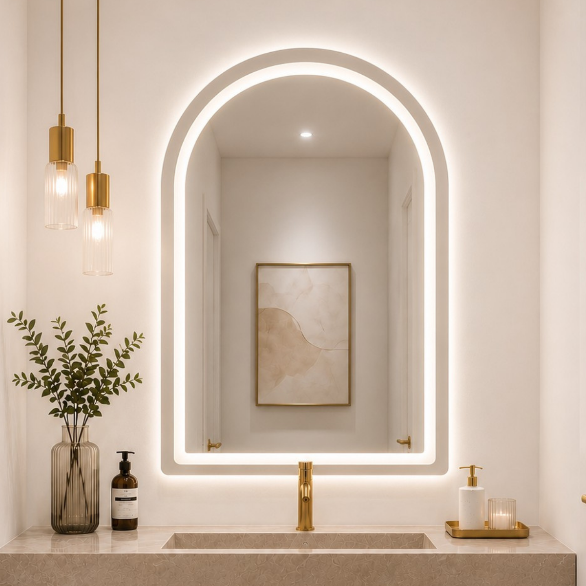 Espelho Arcos Base Reta 90x60cm com 3 Tonalidades de Led Jateado(Quente, Neutro e Frio)