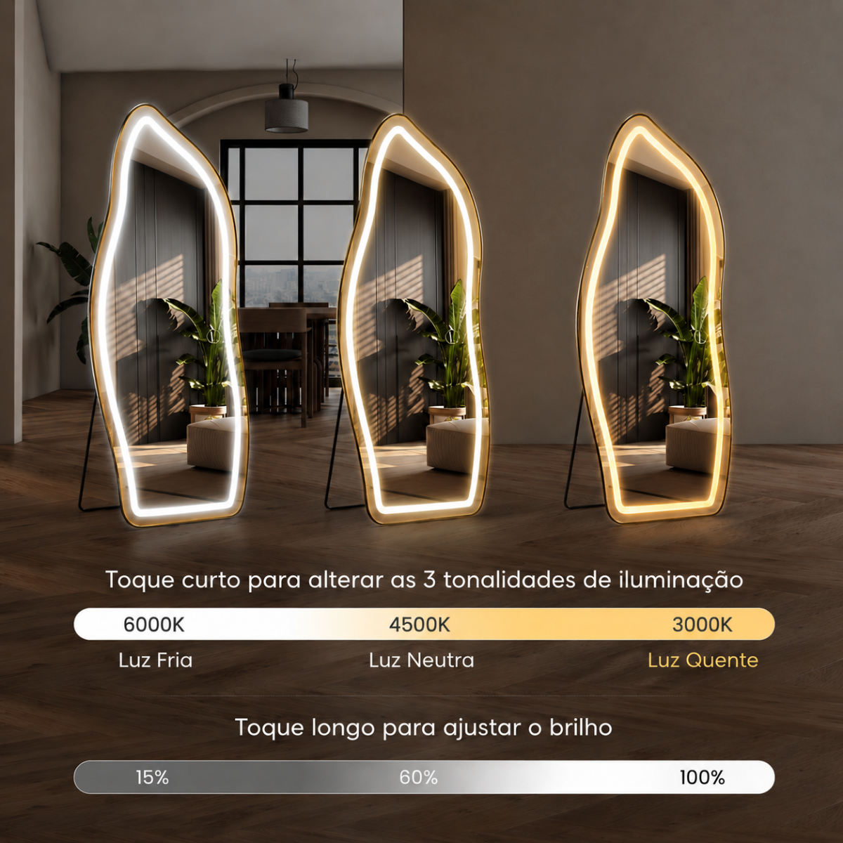 Espelho Temperado Lopazzi Orgânico 170X70cm com Suporte de Chão + LED 3 Intensidades Jateado Quarto Sala Hall Provador