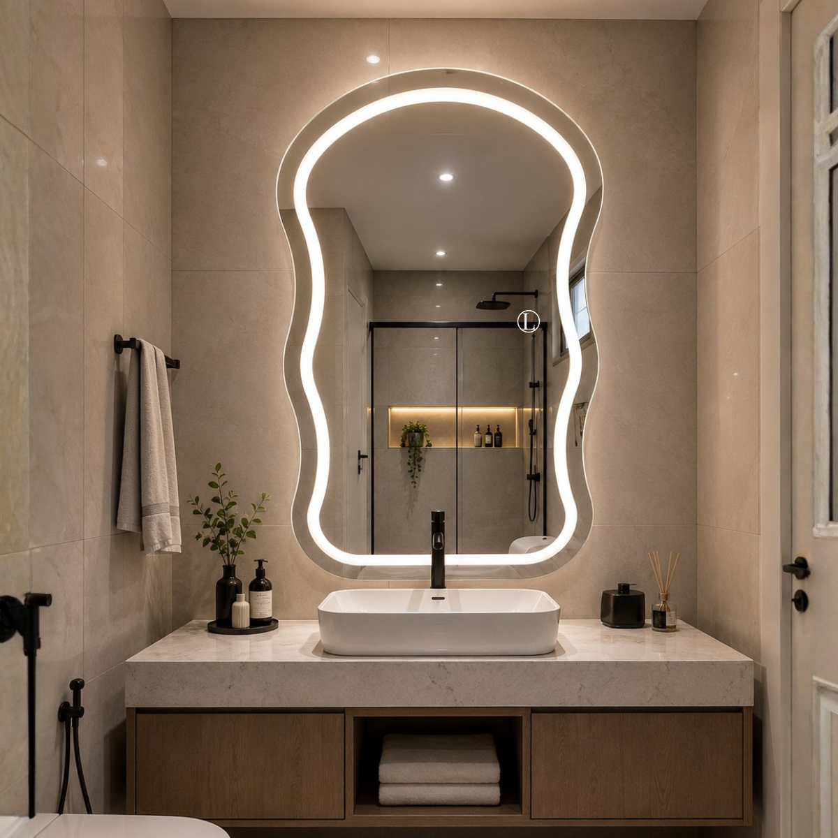 Espelho Orgânico Aura 90x60 com 3 Tonalidades de Led Jateado (Quente, Neutro e Frio)
