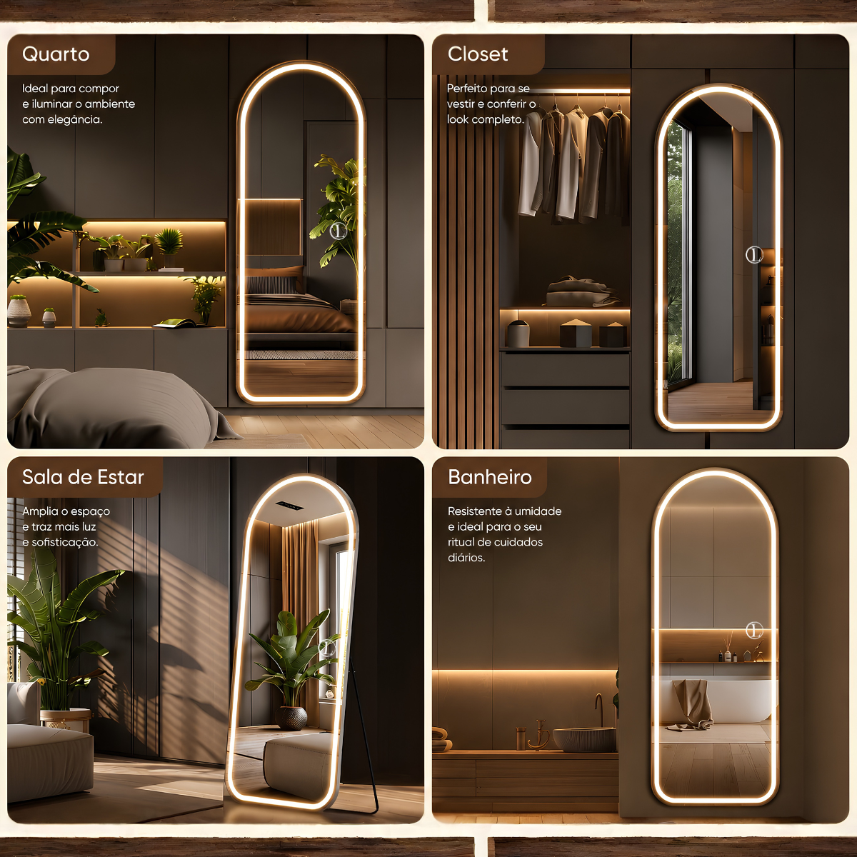 Espelho Temperado Lopazzi Arcos Base Reta 170X70cm com Suporte de Chão + LED 3 Intensidades Jateado Quarto Sala Hall Provador