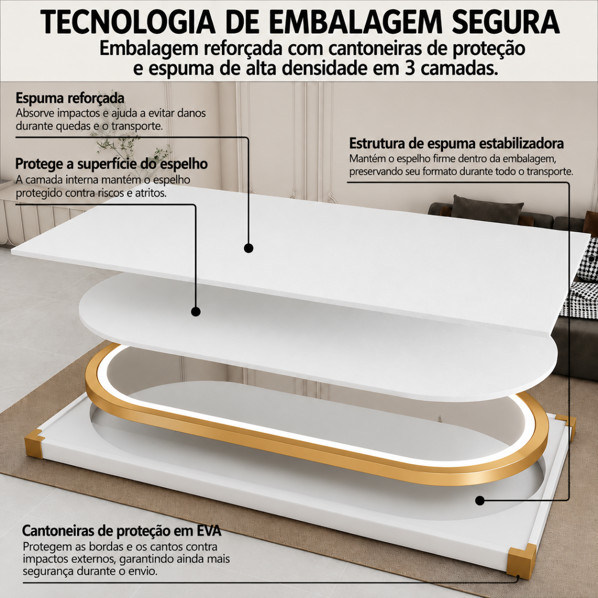 Espelho Temperado Lopazzi Oval 170X70cm para parede + LED 3 Intensidades Jateado Quarto Sala Hall Provador