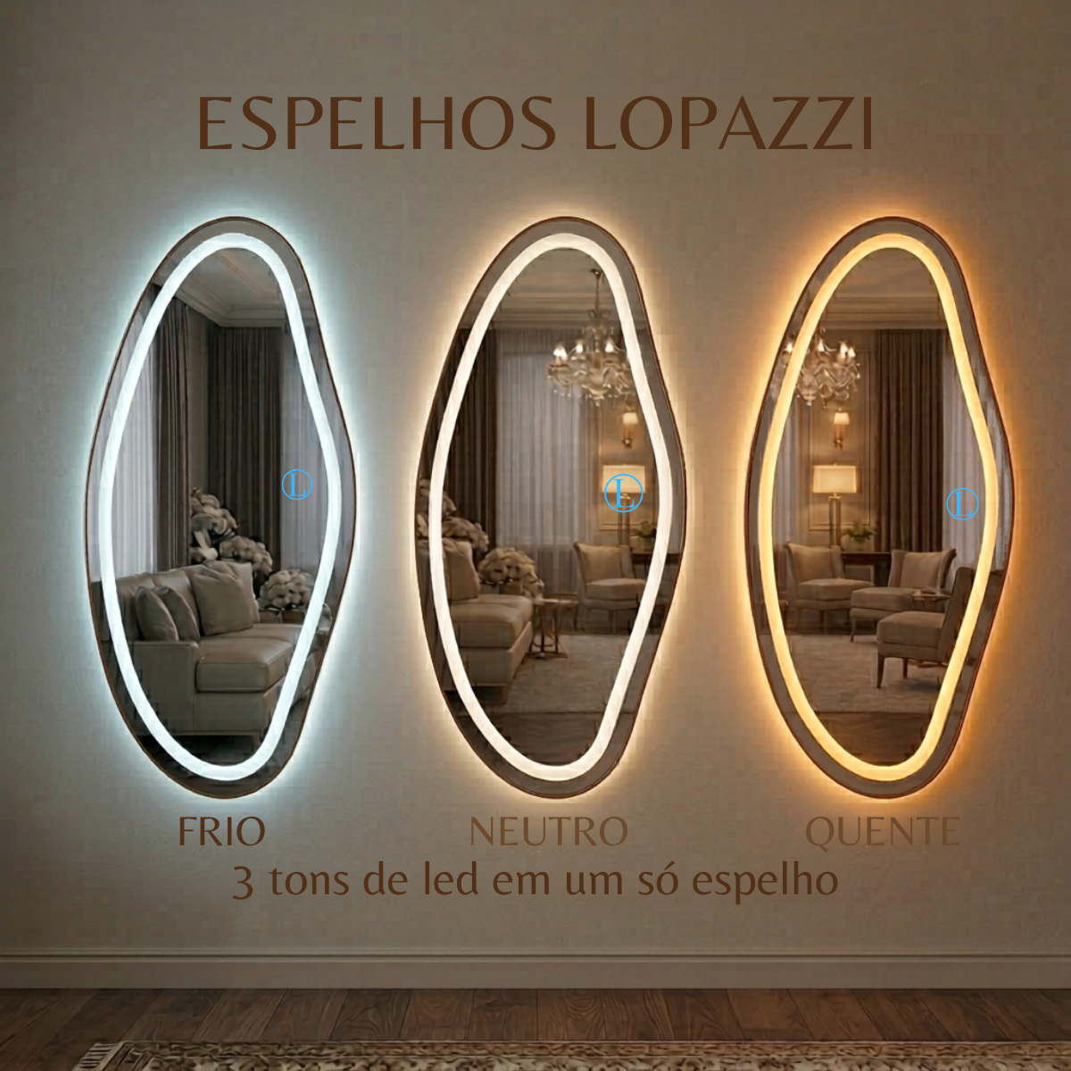 Espelho Orgânico Brisa 90x60 Com 3 Tons de Led Jateado (Quente, Frio e Neutro)