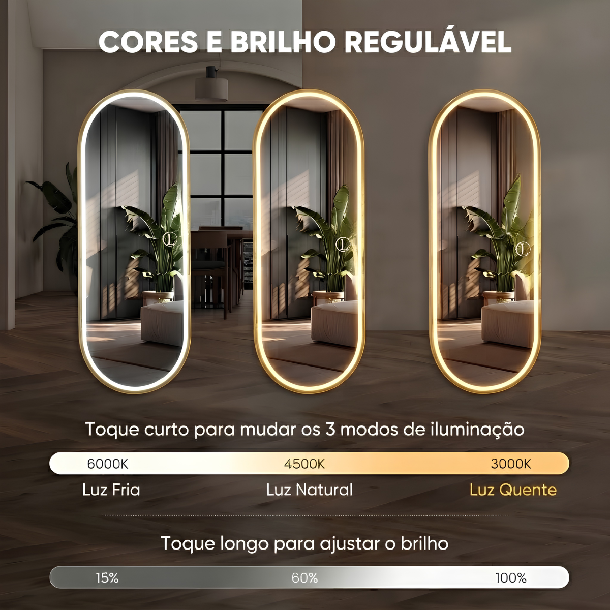 Espelho Temperado Lopazzi Oval 170X70cm para parede + LED 3 Intensidades Jateado Quarto Sala Hall Provador