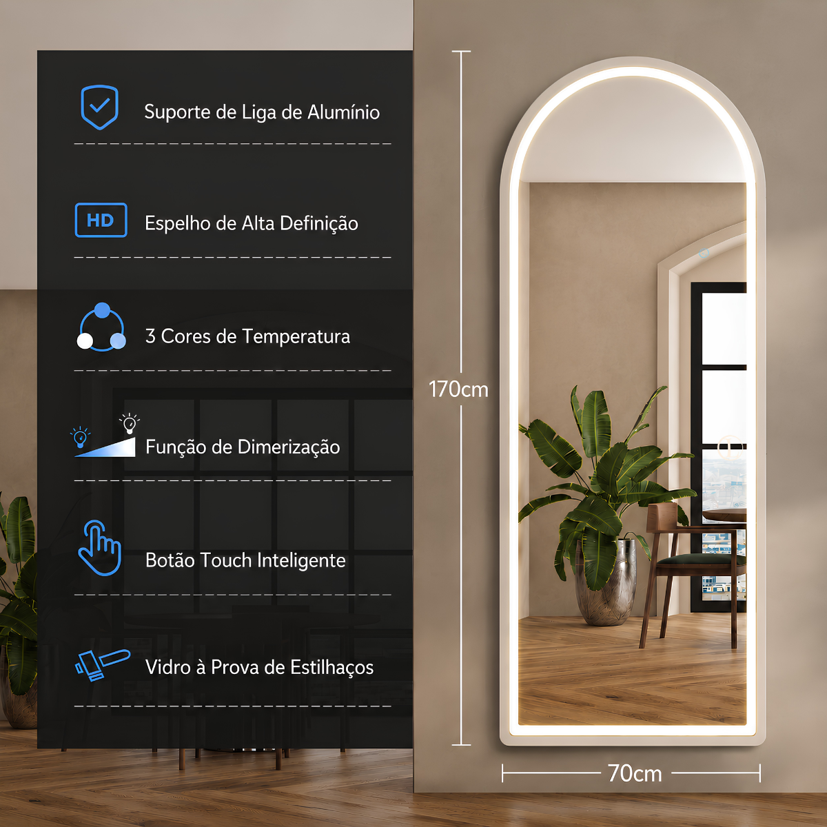 Espelho Temperado Lopazzi Arcos Base Reta 170X70cm com Suporte de Chão + LED 3 Intensidades Jateado Quarto Sala Hall Provador