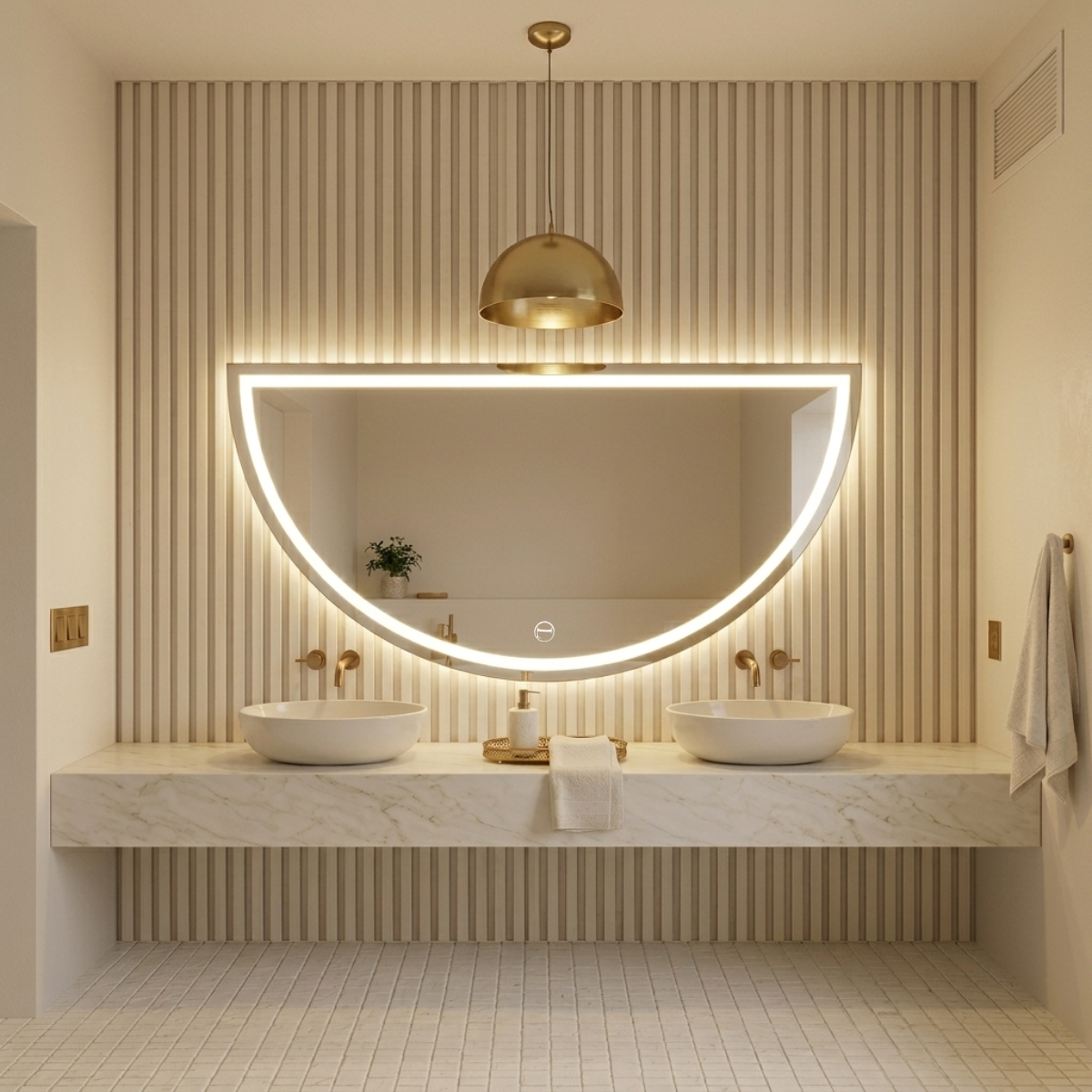 Espelho Meia Lua Polido Com Led Jateado 170x70 3 Tonalidades de Led (Quente, Neutro e Frio)