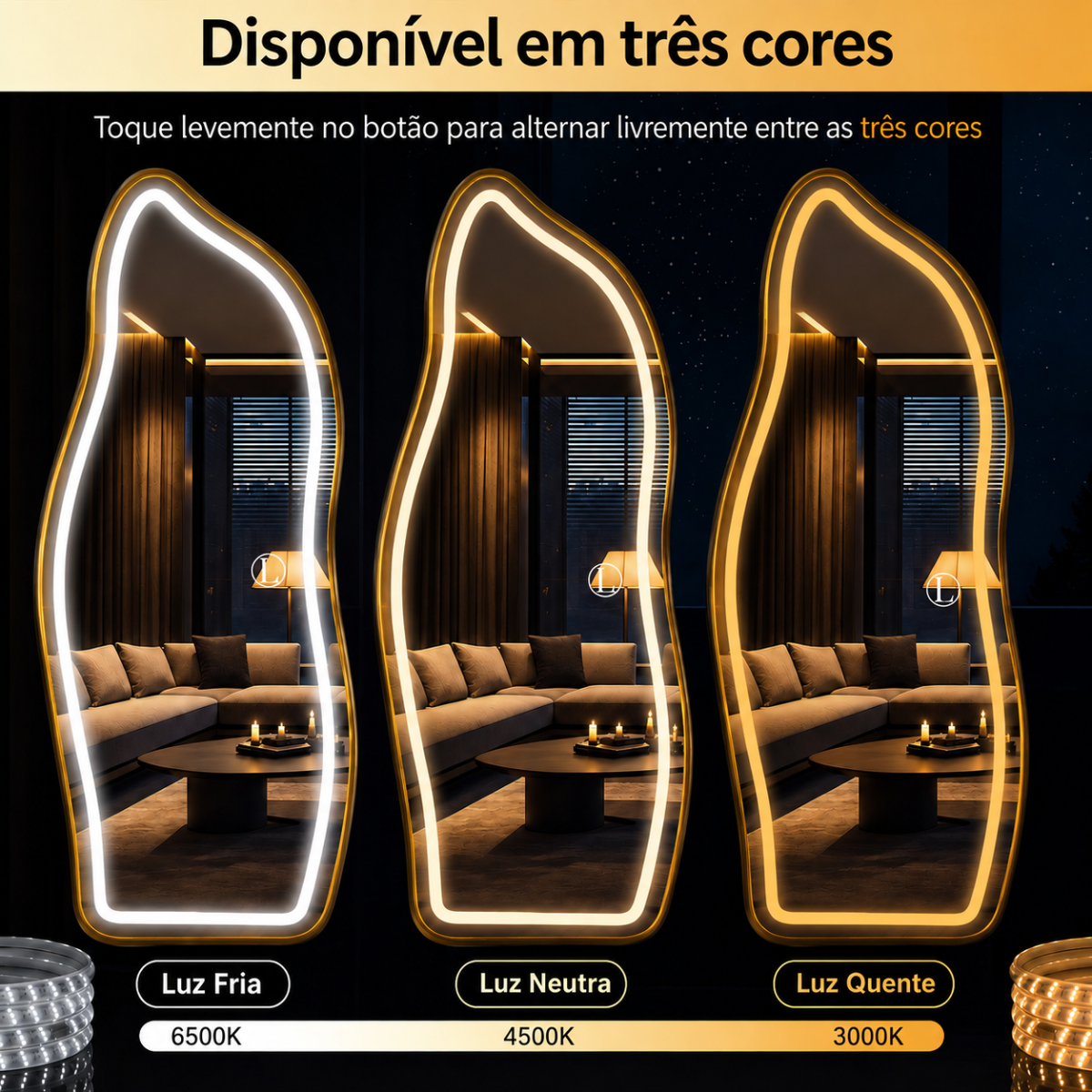 Espelho Temperado Lopazzi Orgânico 170X70cm com Suporte de Chão + LED 3 Intensidades Jateado Quarto Sala Hall Provador