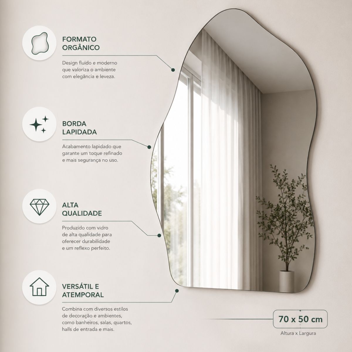 Espelho Orgânico Decorativo 70x50 Lapidado Sem Moldura Luxo