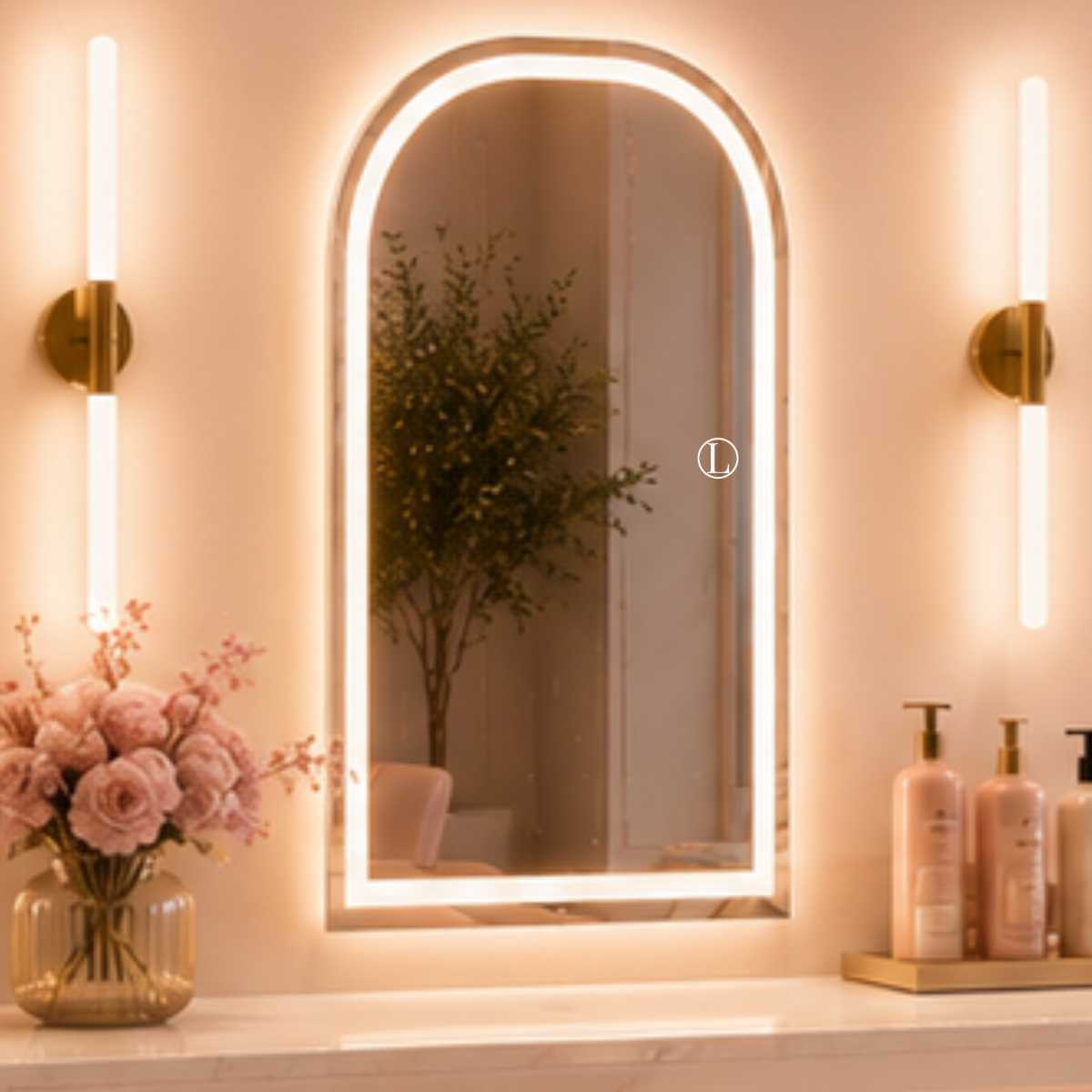Espelho Arcos Base Reta 90x60cm com 3 Tonalidades de Led Jateado(Quente, Neutro e Frio)