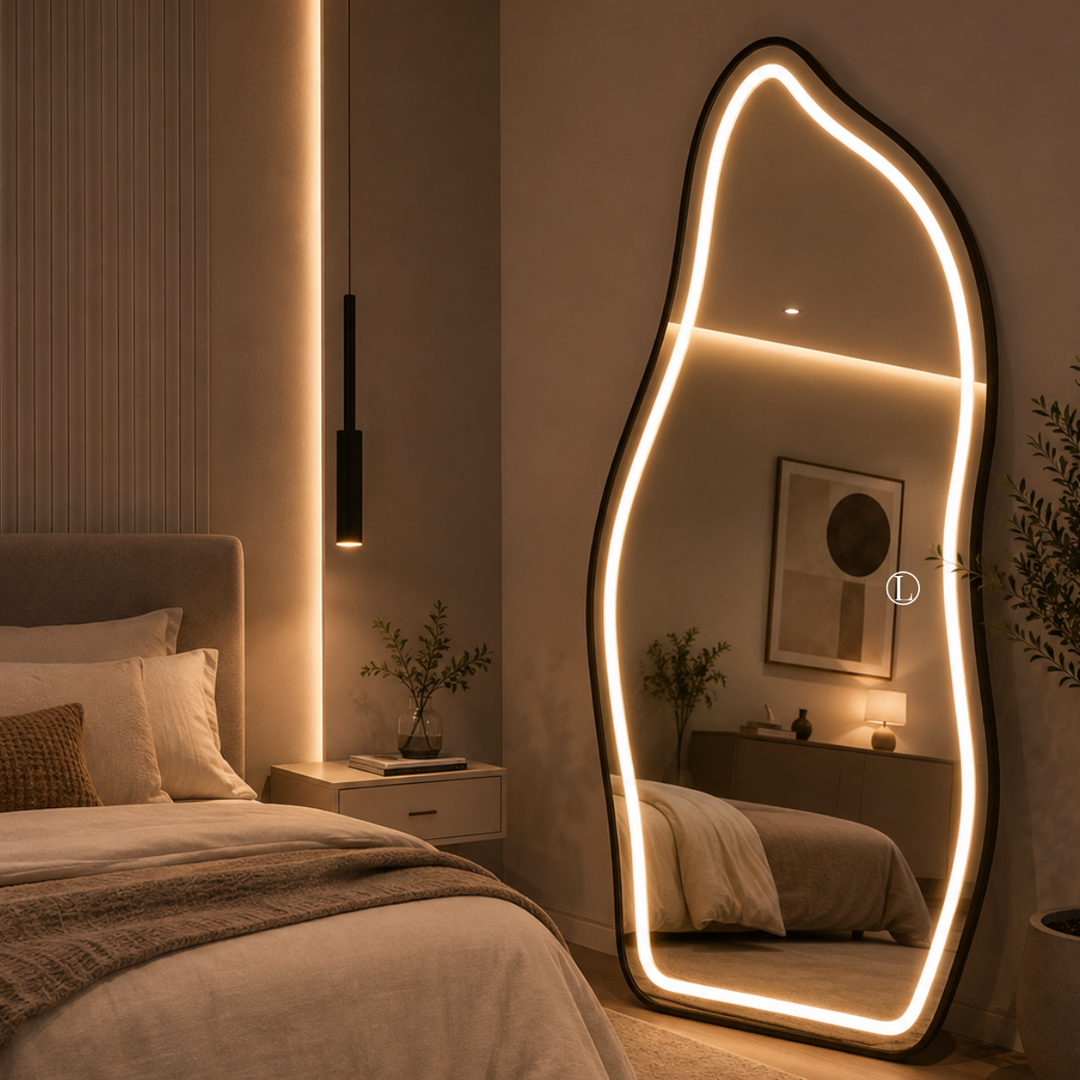 Espelho Temperado Lopazzi Orgânico 170X70cm com Suporte de Chão + LED 3 Intensidades Jateado Quarto Sala Hall Provador
