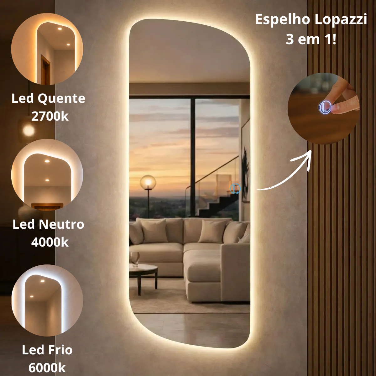 Espelho Vitta Polido 90x40cm com 3 Tonalidades de Led (Quente, Neutro e Frio)