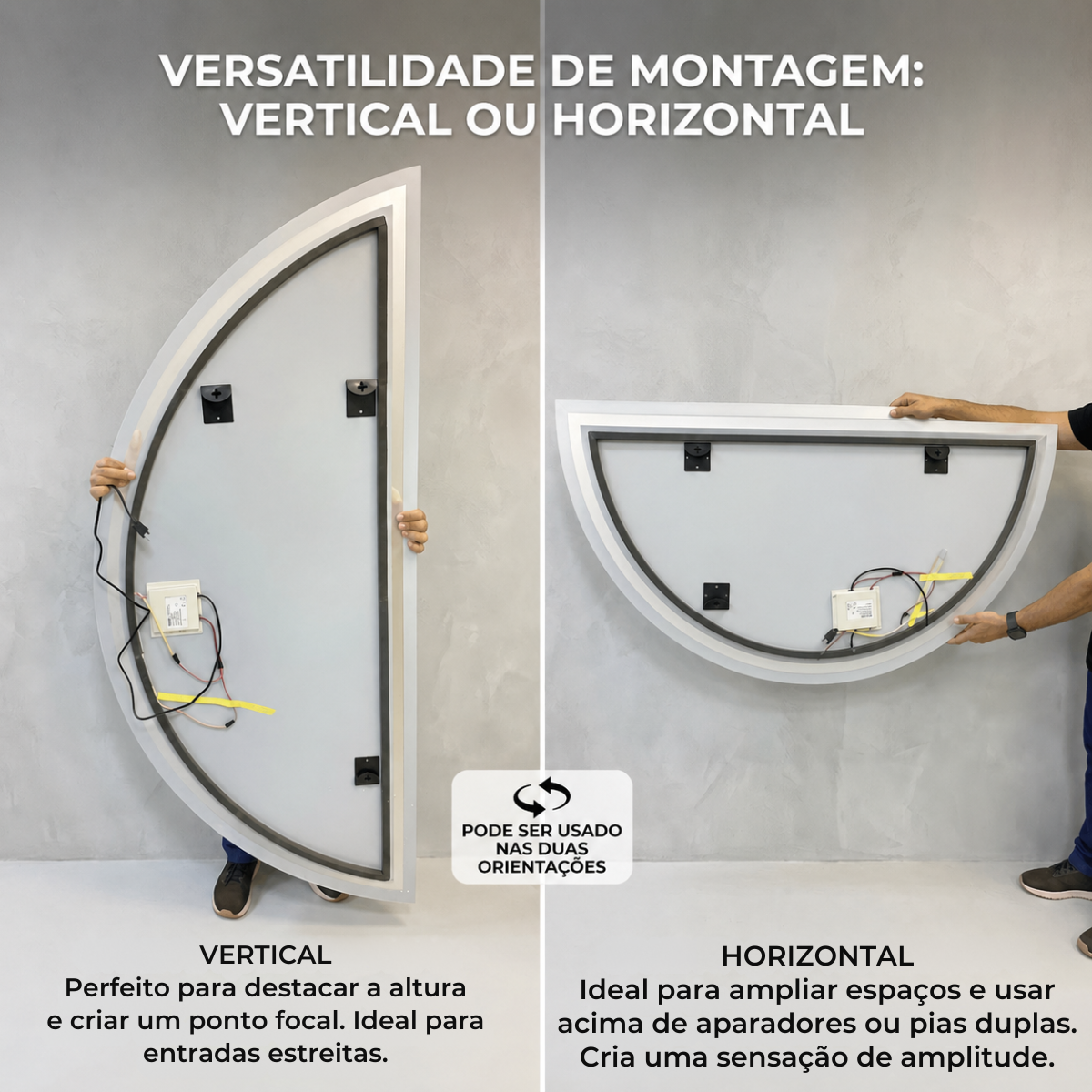 Espelho Meia Lua Polido Com Led Jateado 170x70 3 Tonalidades de Led (Quente, Neutro e Frio)