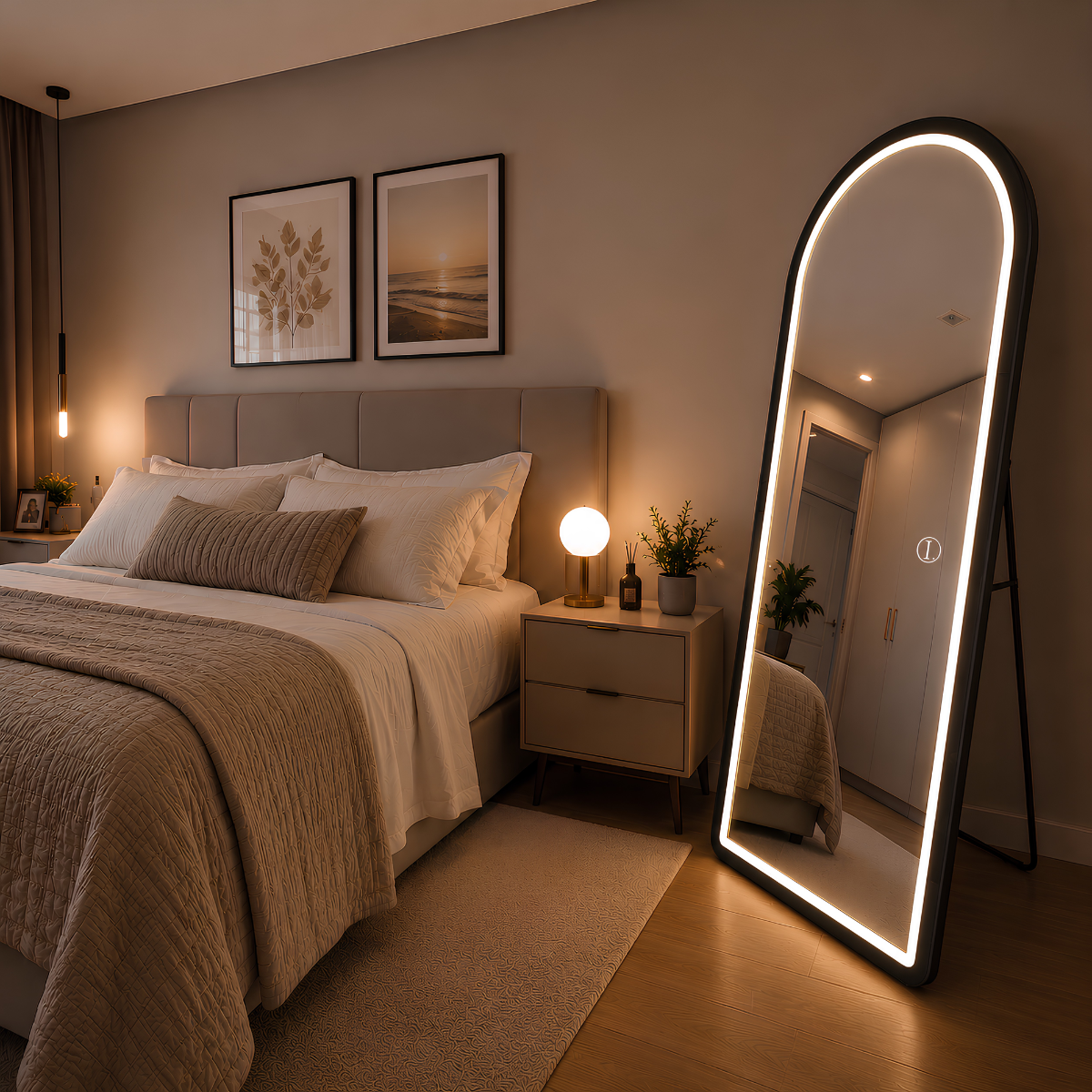 Espelho Temperado Lopazzi Arcos Base Reta 170X70cm com Suporte de Chão + LED 3 Intensidades Jateado Quarto Sala Hall Provador