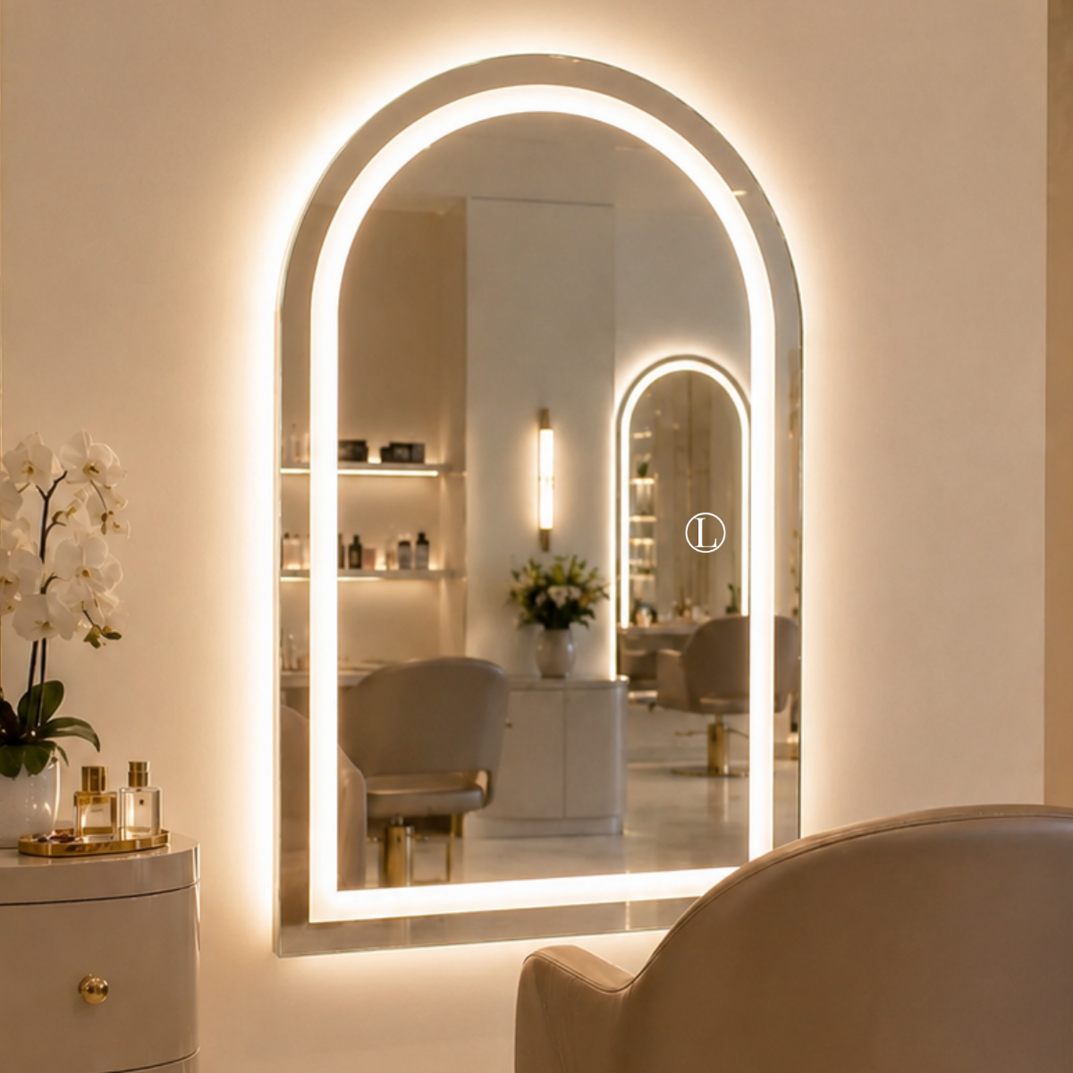 Espelho Arcos Base Reta 90x60cm com 3 Tonalidades de Led Jateado(Quente, Neutro e Frio)