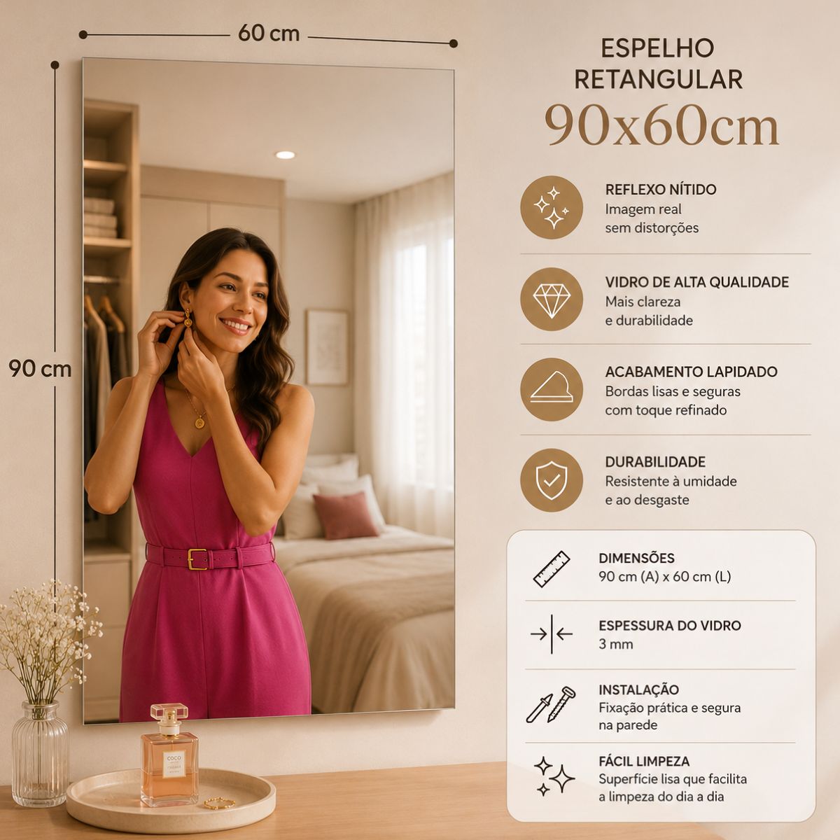 Espelho Retangular Grande 90x60 Lapidado Sem Moldura Decorativo