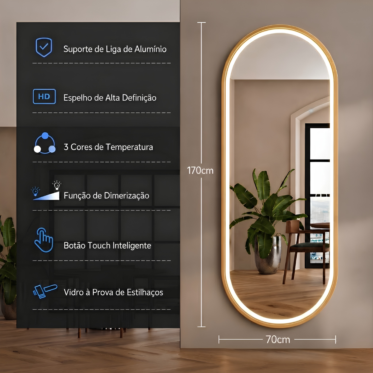 Espelho Temperado Lopazzi Oval 170X70cm para parede + LED 3 Intensidades Jateado Quarto Sala Hall Provador