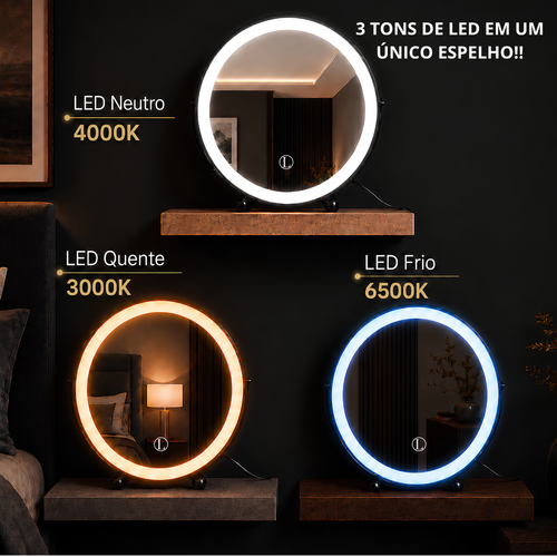 Espelho De Mesa Para Maquiagem Com 3 Tonalidades de Led