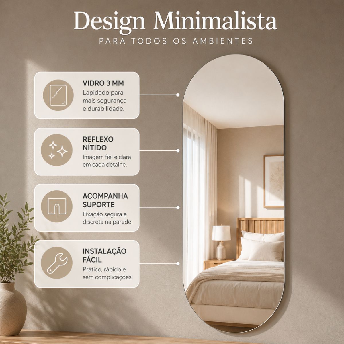 Espelho Decorativo Oval 110x50 cm Lapidado Lopazzi Sem Moldura