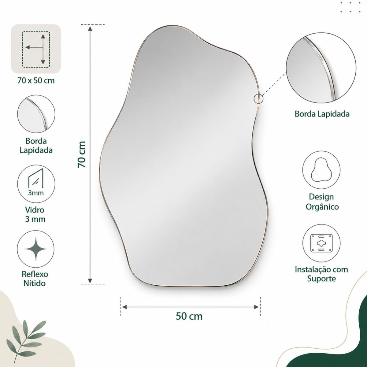 Espelho Orgânico Decorativo 70x50 Lapidado Sem Moldura Luxo