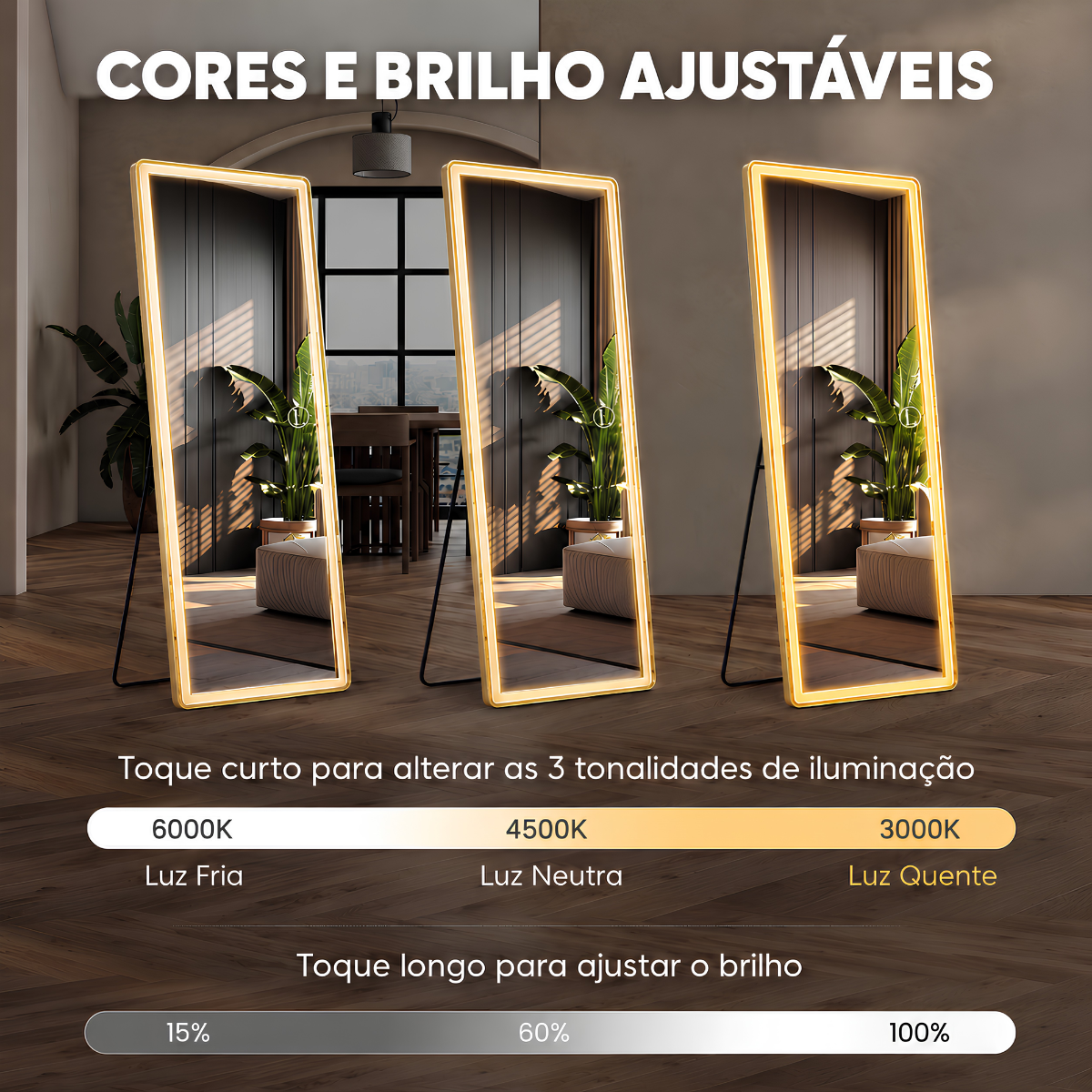 Espelho Temperado Lopazzi Retangular 170X70cm com Suporte de Chão + LED 3 Intensidades Jateado Quarto Sala Hall Provador