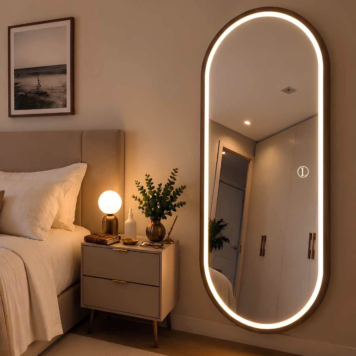 Espelho Temperado Lopazzi Oval 170X70cm para parede + LED 3 Intensidades Jateado Quarto Sala Hall Provador