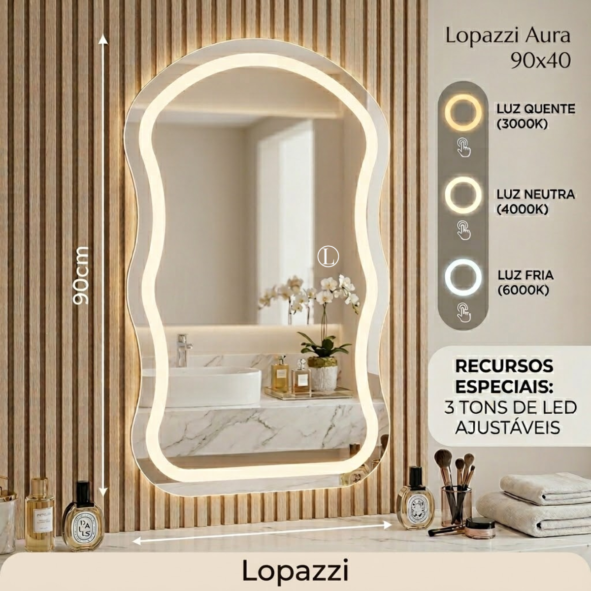 Espelho Orgânico Aura 90x60 com 3 Tonalidades de Led Jateado (Quente, Neutro e Frio)