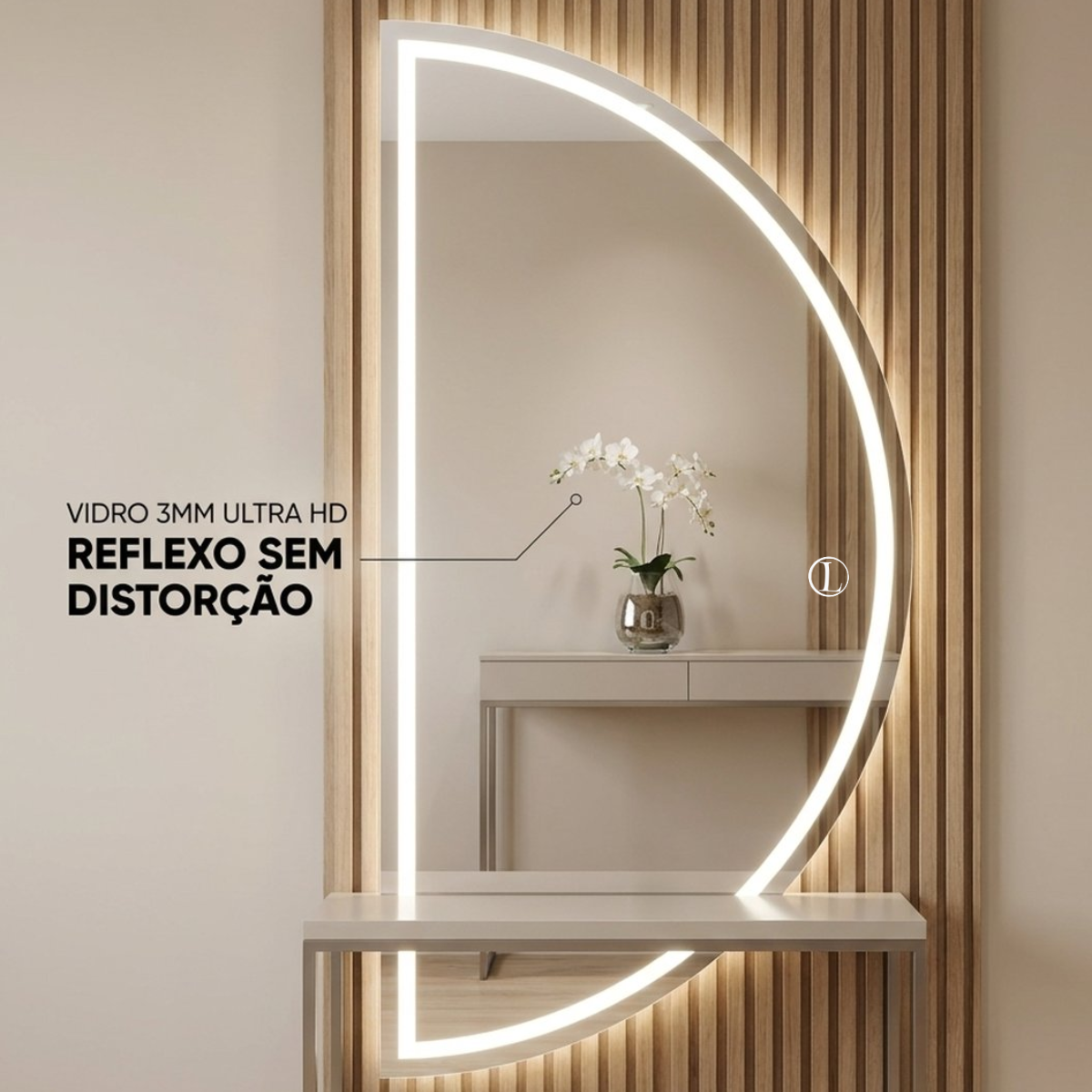 Espelho Meia Lua Polido Com Led Jateado 170x70 3 Tonalidades de Led (Quente, Neutro e Frio)