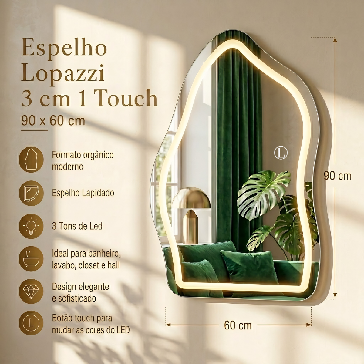 Espelho Orgânico Magnus 90x60cm Com Led Jateado de 3 Tonalidades (Quente, Neutro e Frio)