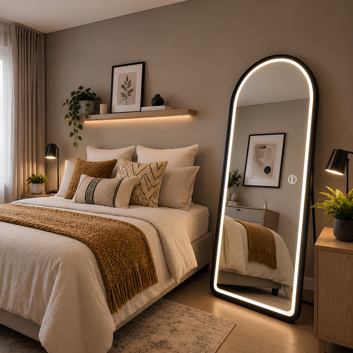 Espelho Temperado Lopazzi Arcos Base Reta 170X70cm com Suporte de Chão + LED 3 Intensidades Jateado Quarto Sala Hall Provador