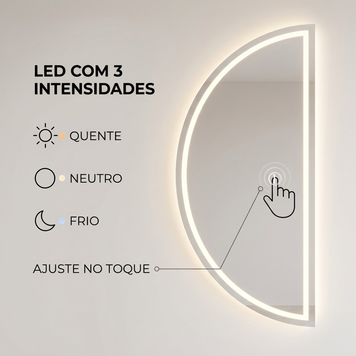Espelho Meia Lua Polido Com Led Jateado 170x70 3 Tonalidades de Led (Quente, Neutro e Frio)