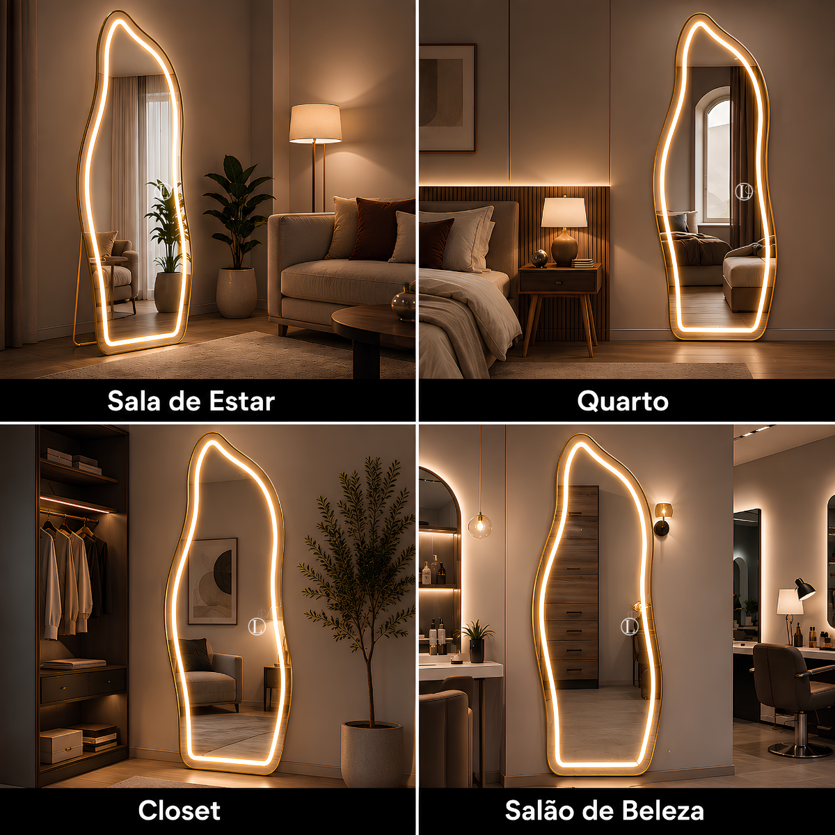 Espelho Temperado Lopazzi Orgânico 170X70cm com Suporte de Chão + LED 3 Intensidades Jateado Quarto Sala Hall Provador