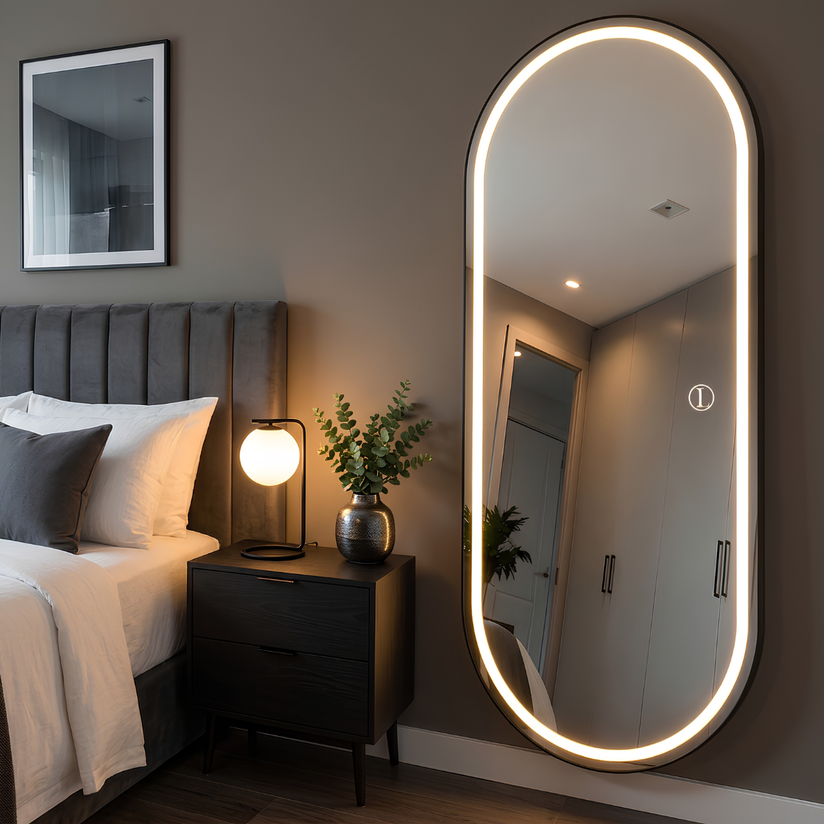 Espelho Temperado Lopazzi Oval 170X70cm para parede + LED 3 Intensidades Jateado Quarto Sala Hall Provador