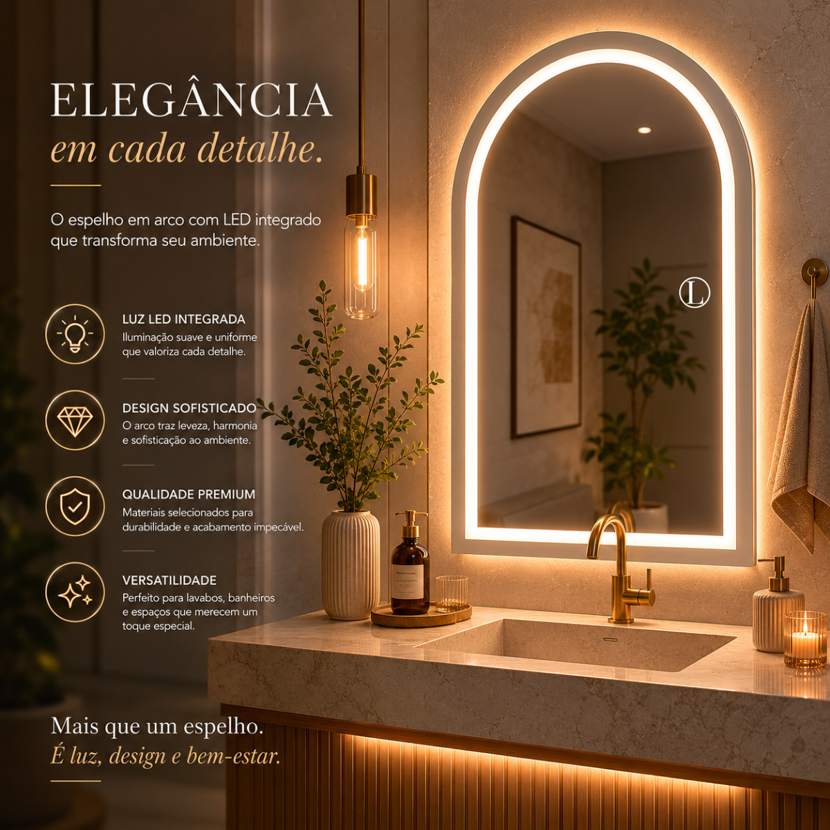Espelho Arcos Base Reta 90x60cm com 3 Tonalidades de Led Jateado(Quente, Neutro e Frio)