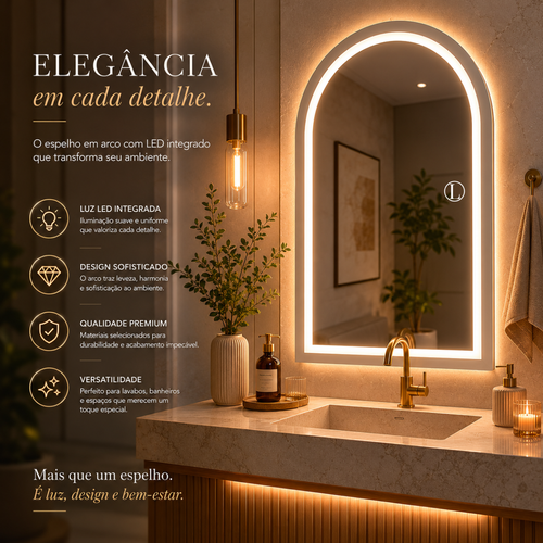 Espelho Arcos Base Reta 90x60cm com 3 Tonalidades de Led Jateado(Quente, Neutro e Frio)