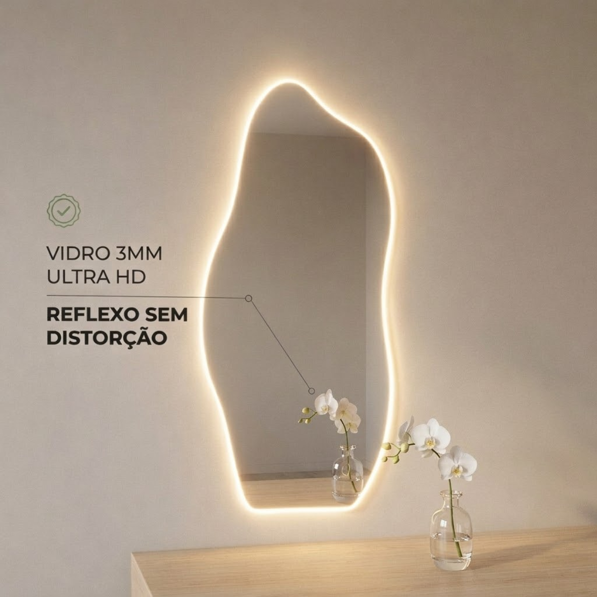Espelho Orgânico Magnus com 2 Tonalidades de Led ( Quente e Frio) 90x40cm
