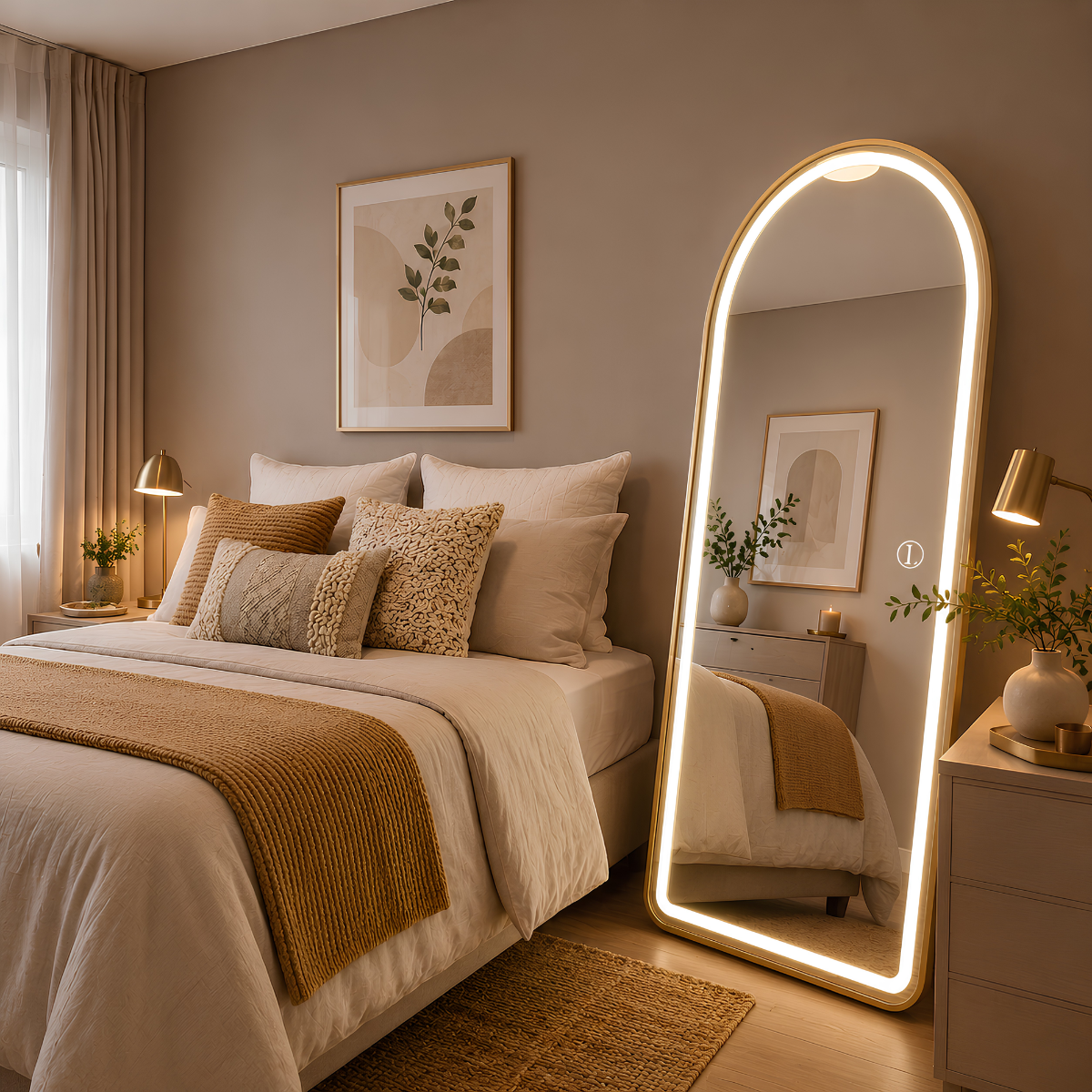 Espelho Temperado Lopazzi Arcos Base Reta 170X70cm com Suporte de Chão + LED 3 Intensidades Jateado Quarto Sala Hall Provador