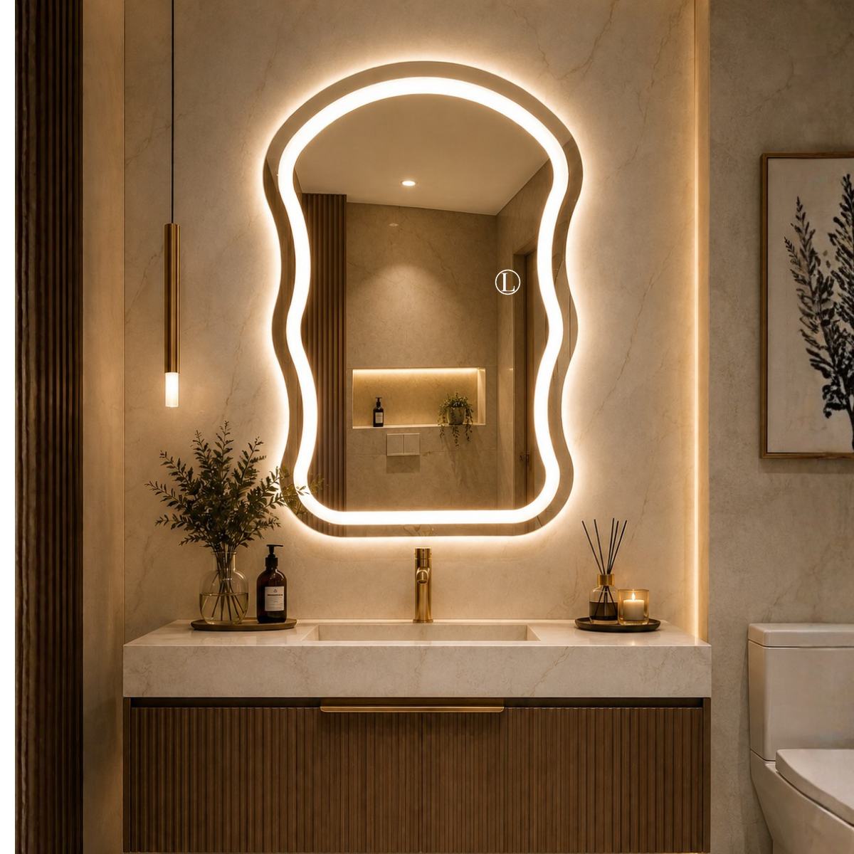 Espelho Orgânico Aura 90x60 com 3 Tonalidades de Led Jateado (Quente, Neutro e Frio)