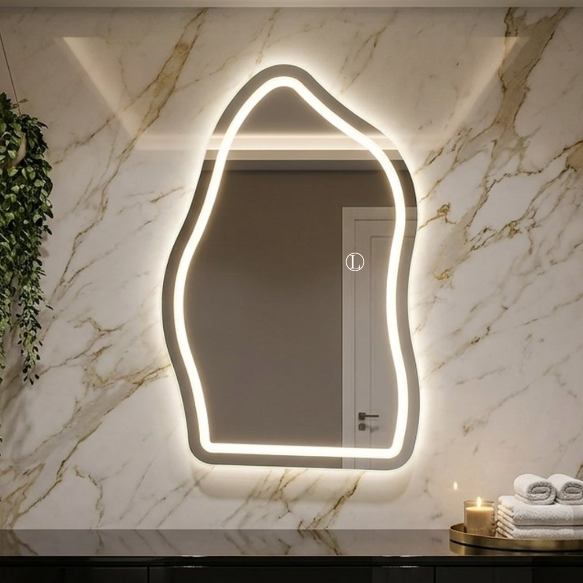 Espelho Orgânico Magnus 90x60cm Com Led Jateado de 3 Tonalidades (Quente, Neutro e Frio)